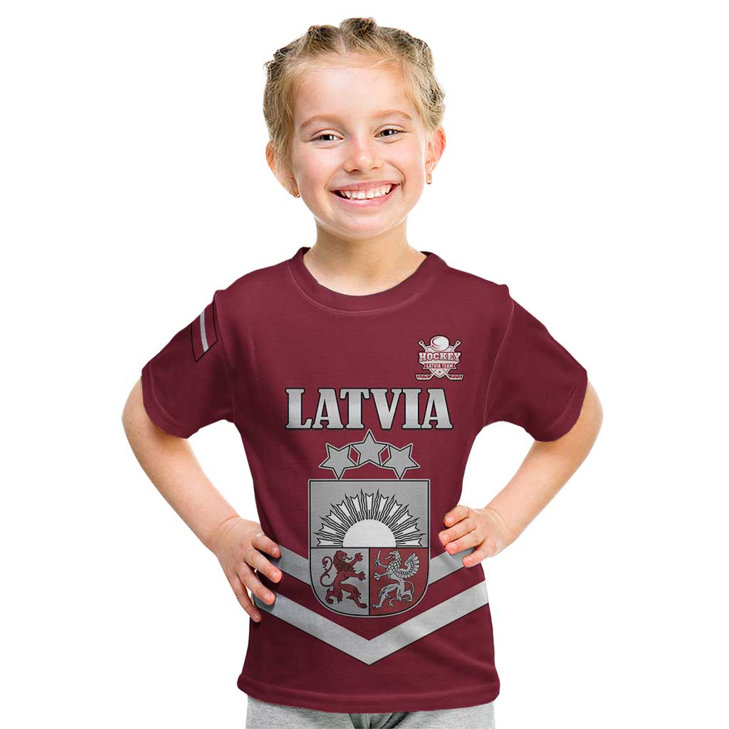 Custom Latvia Ice Hockey 2026 Kid T Shirt Never Backs Down
