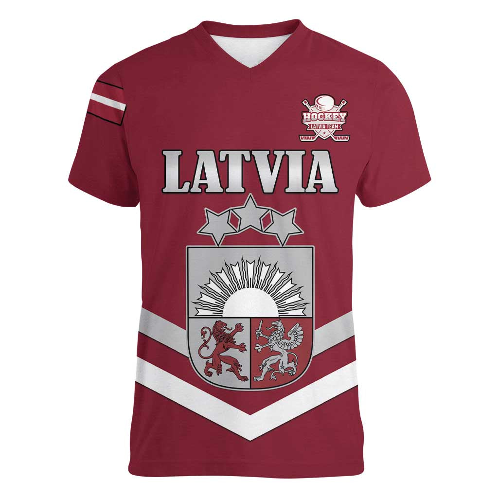 Custom Latvia Ice Hockey 2026 Women V-Neck T-Shirt Never Backs Down