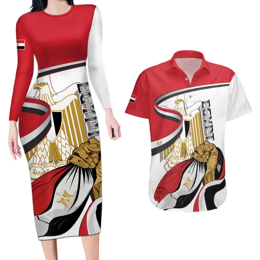 Personalized Egypt Revolution Day Couples Matching Long Sleeve Bodycon Dress and Hawaiian Shirt Coat Of Arms With Flag