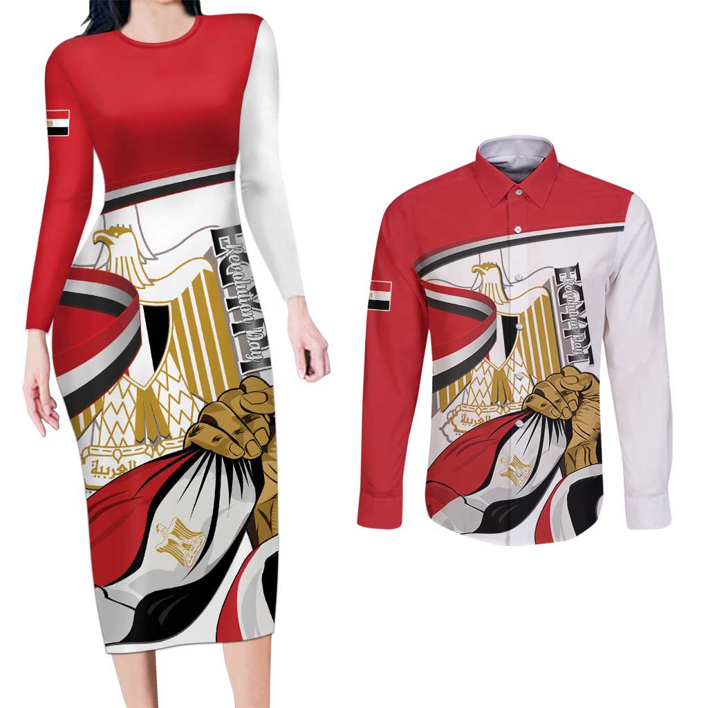 Personalized Egypt Revolution Day Couples Matching Long Sleeve Bodycon Dress and Long Sleeve Button Shirt Coat Of Arms With Flag