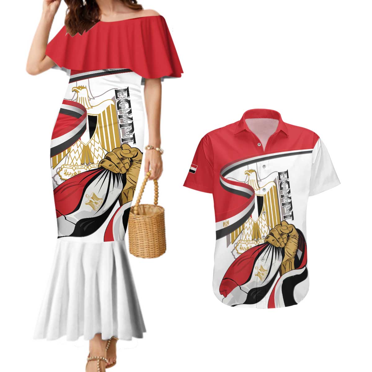 Personalized Egypt Revolution Day Couples Matching Mermaid Dress and Hawaiian Shirt Coat Of Arms With Flag