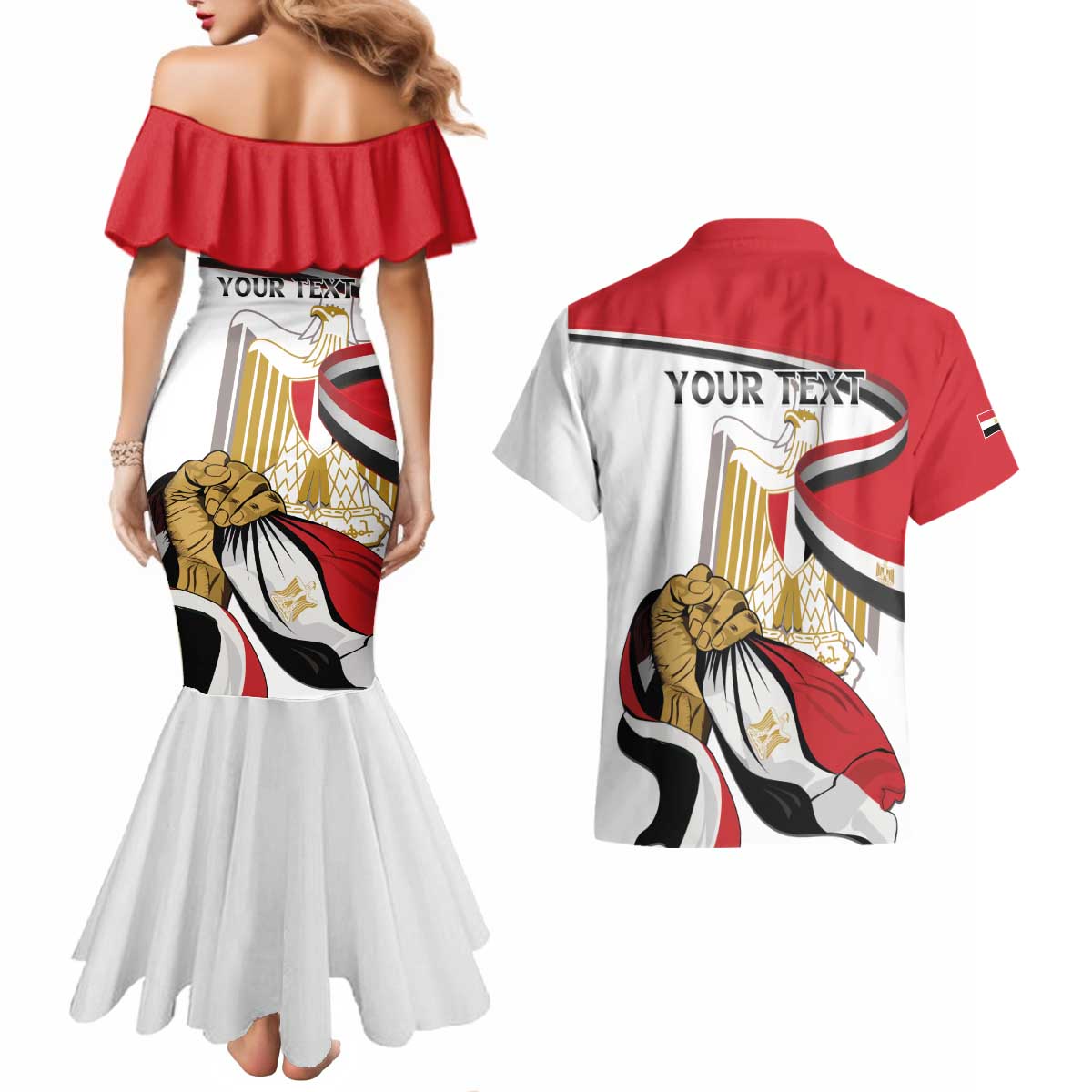 Personalized Egypt Revolution Day Couples Matching Mermaid Dress and Hawaiian Shirt Coat Of Arms With Flag