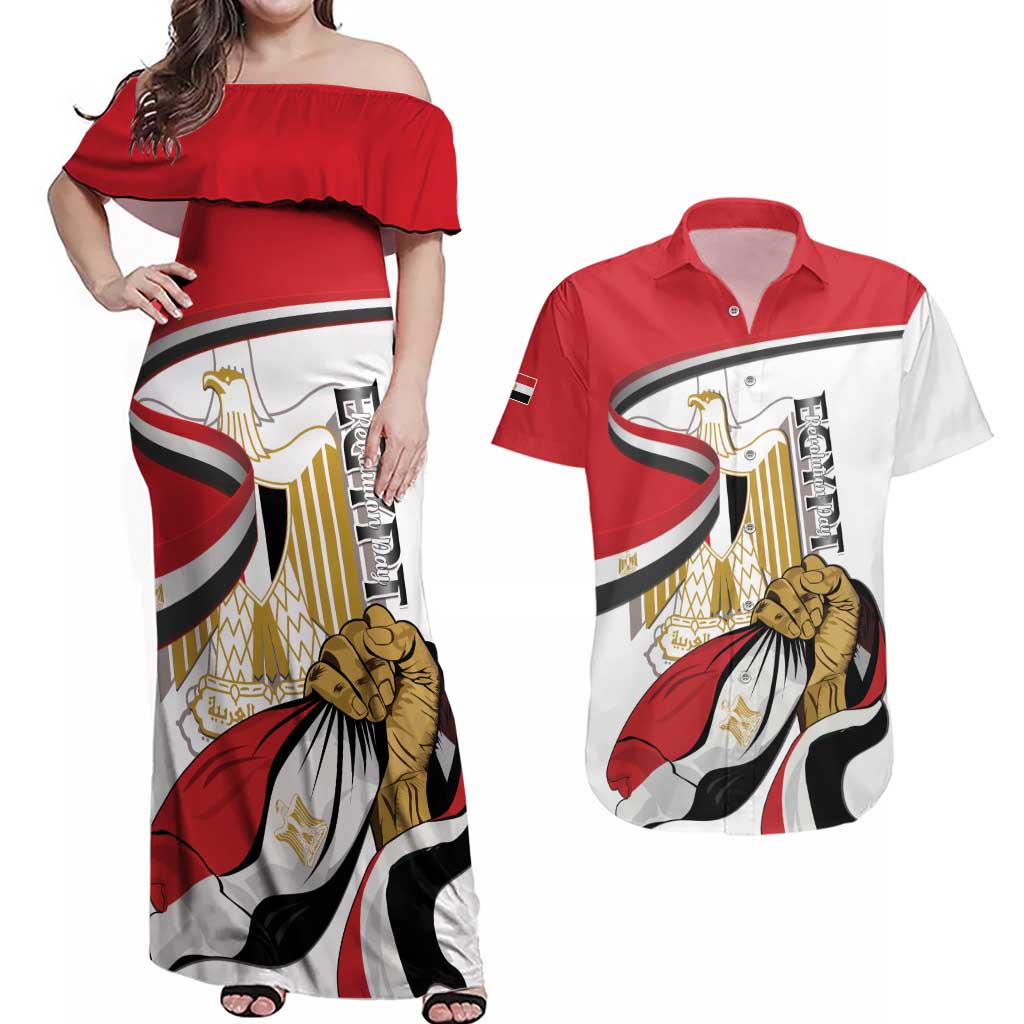 Personalized Egypt Revolution Day Couples Matching Off Shoulder Maxi Dress and Hawaiian Shirt Coat Of Arms With Flag
