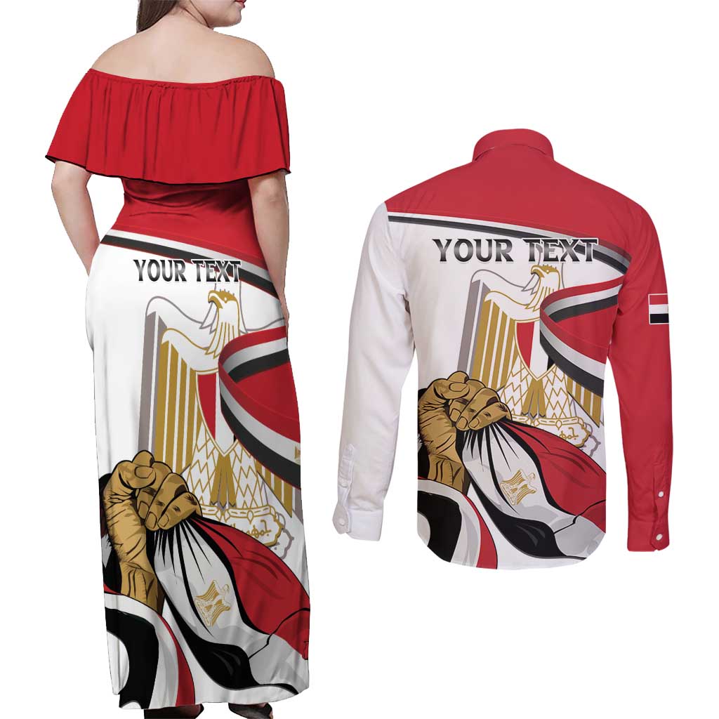 Personalized Egypt Revolution Day Couples Matching Off Shoulder Maxi Dress and Long Sleeve Button Shirt Coat Of Arms With Flag