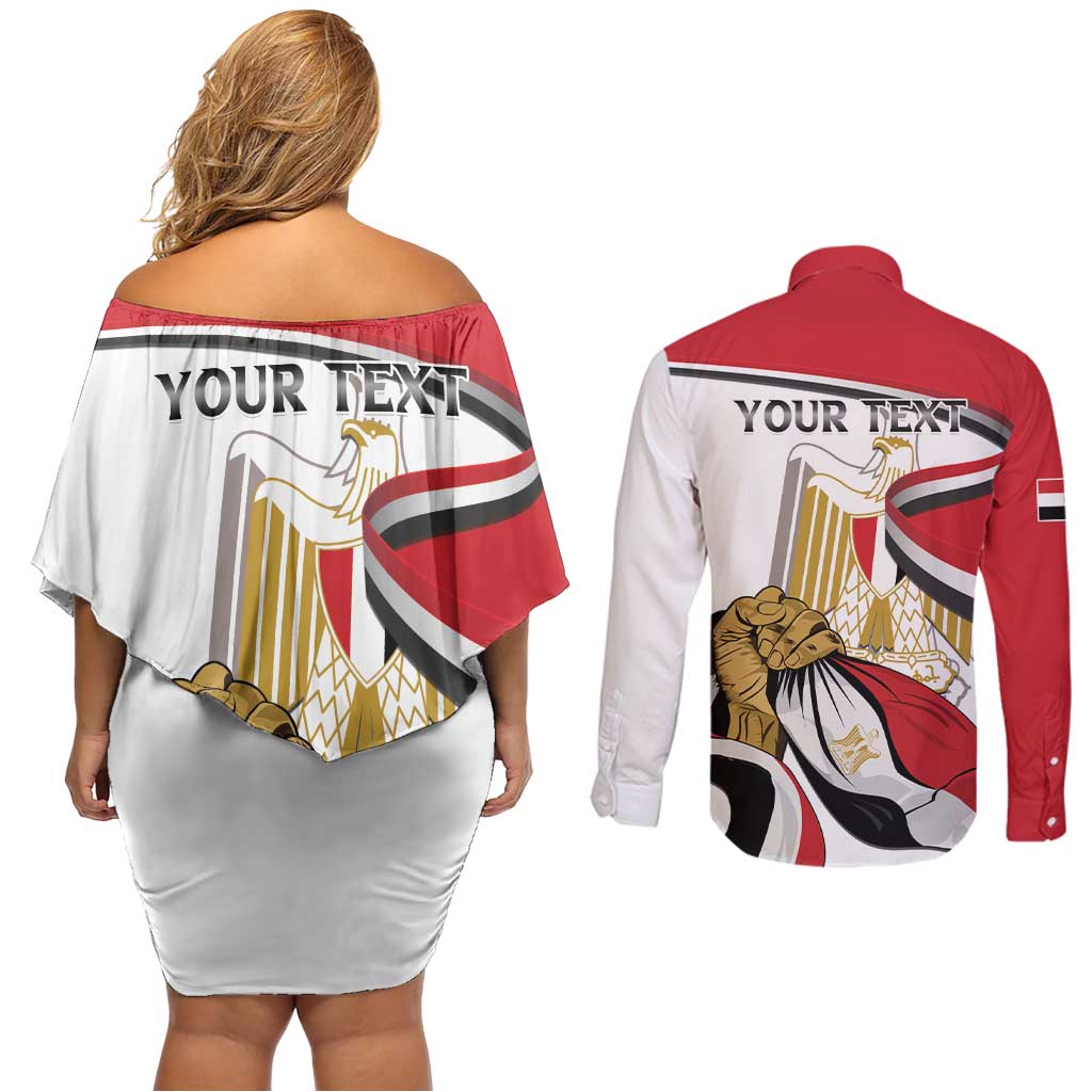 Personalized Egypt Revolution Day Couples Matching Off Shoulder Short Dress and Long Sleeve Button Shirt Coat Of Arms With Flag