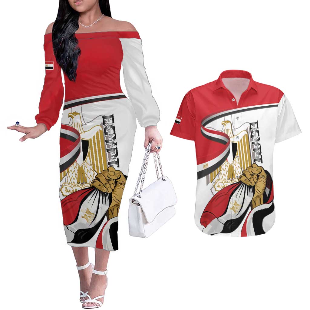 Personalized Egypt Revolution Day Couples Matching Off The Shoulder Long Sleeve Dress and Hawaiian Shirt Coat Of Arms With Flag