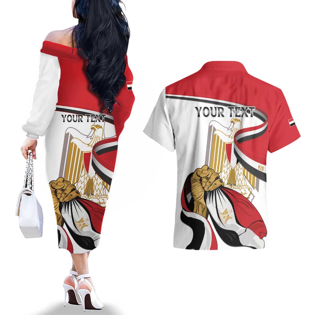 Personalized Egypt Revolution Day Couples Matching Off The Shoulder Long Sleeve Dress and Hawaiian Shirt Coat Of Arms With Flag