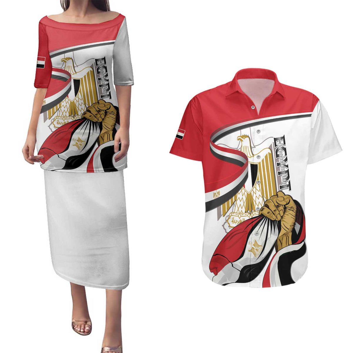 Personalized Egypt Revolution Day Couples Matching Puletasi and Hawaiian Shirt Coat Of Arms With Flag