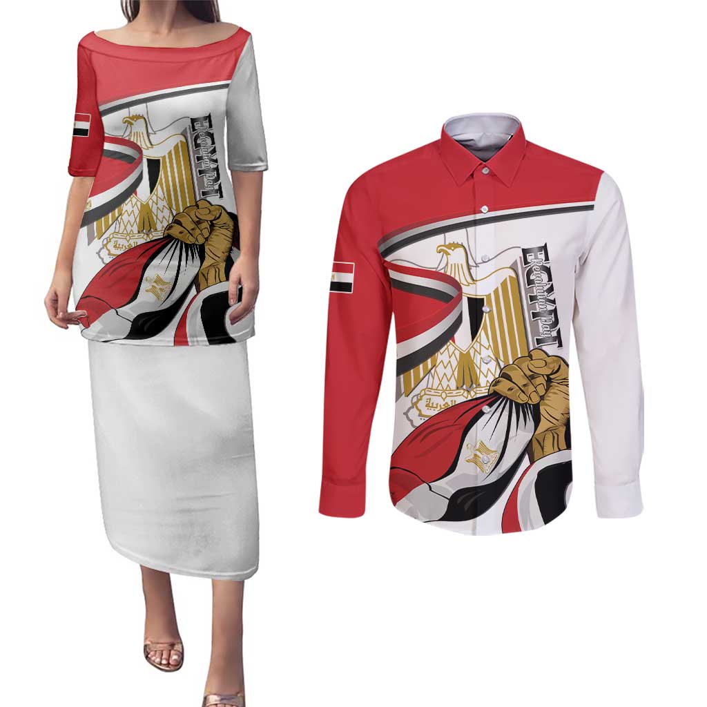 Personalized Egypt Revolution Day Couples Matching Puletasi and Long Sleeve Button Shirt Coat Of Arms With Flag
