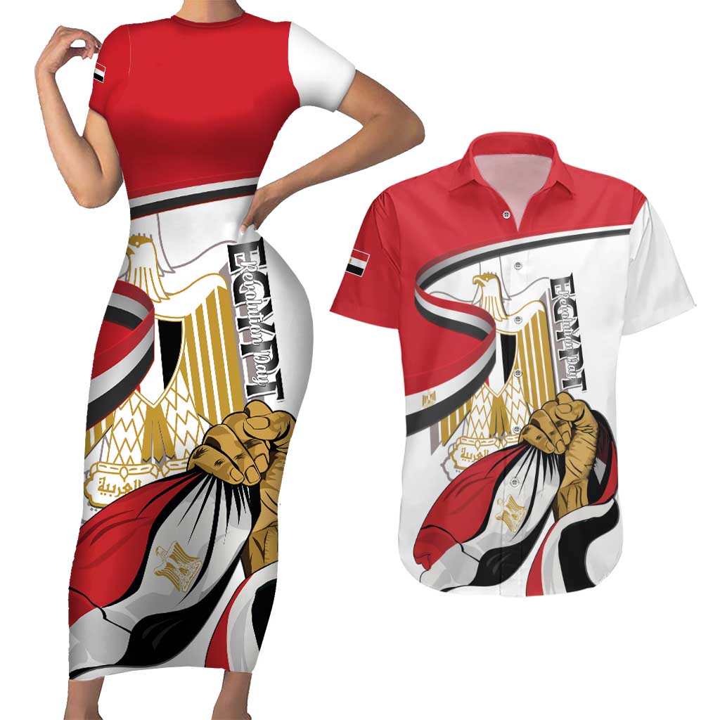 Personalized Egypt Revolution Day Couples Matching Short Sleeve Bodycon Dress and Hawaiian Shirt Coat Of Arms With Flag