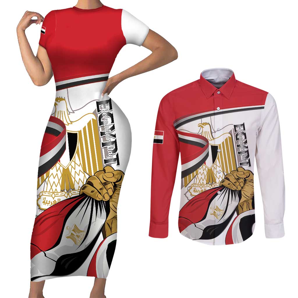 Personalized Egypt Revolution Day Couples Matching Short Sleeve Bodycon Dress and Long Sleeve Button Shirt Coat Of Arms With Flag