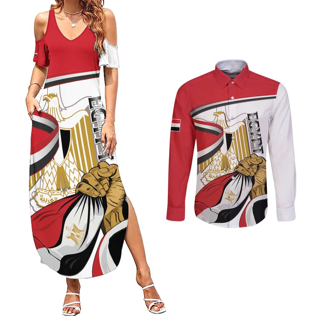 Personalized Egypt Revolution Day Couples Matching Summer Maxi Dress and Long Sleeve Button Shirt Coat Of Arms With Flag