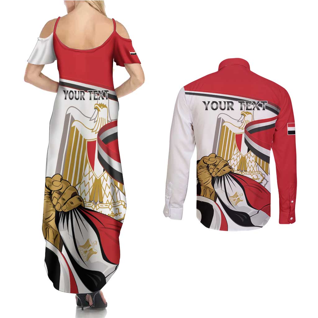 Personalized Egypt Revolution Day Couples Matching Summer Maxi Dress and Long Sleeve Button Shirt Coat Of Arms With Flag