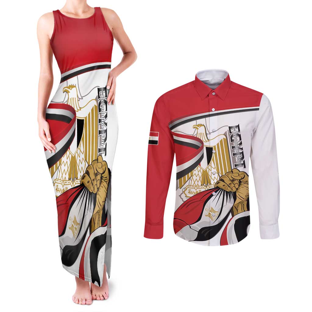 Personalized Egypt Revolution Day Couples Matching Tank Maxi Dress and Long Sleeve Button Shirt Coat Of Arms With Flag