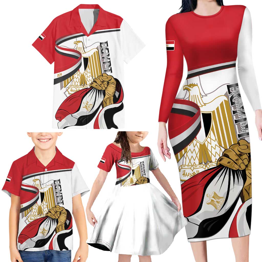 Personalized Egypt Revolution Day Family Matching Long Sleeve Bodycon Dress and Hawaiian Shirt Coat Of Arms With Flag