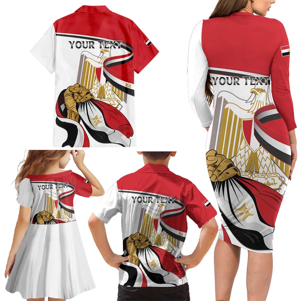 Personalized Egypt Revolution Day Family Matching Long Sleeve Bodycon Dress and Hawaiian Shirt Coat Of Arms With Flag