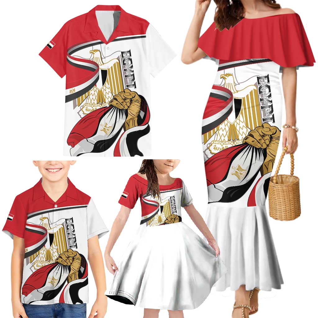 Personalized Egypt Revolution Day Family Matching Mermaid Dress and Hawaiian Shirt Coat Of Arms With Flag