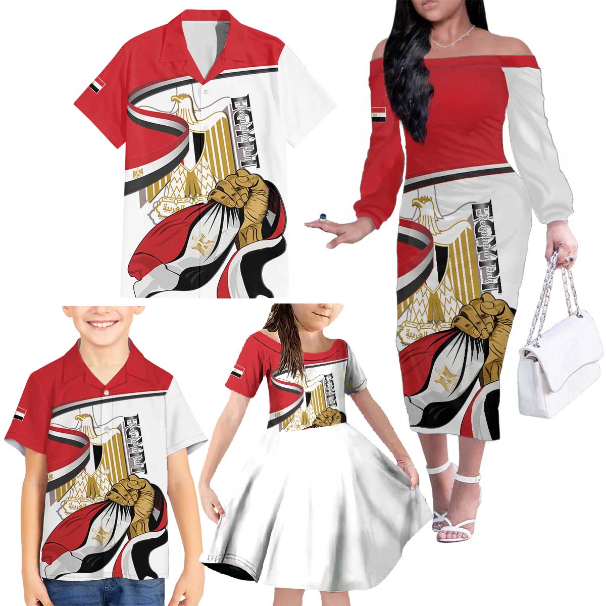 Personalized Egypt Revolution Day Family Matching Off The Shoulder Long Sleeve Dress and Hawaiian Shirt Coat Of Arms With Flag