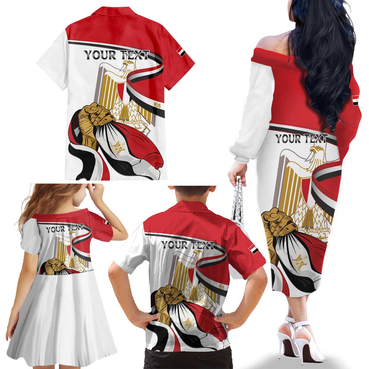 Personalized Egypt Revolution Day Family Matching Off The Shoulder Long Sleeve Dress and Hawaiian Shirt Coat Of Arms With Flag