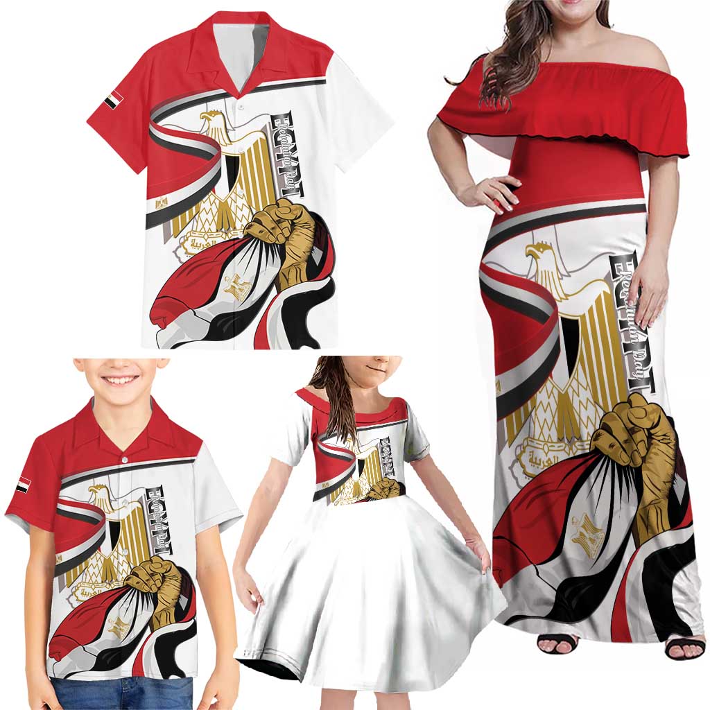 Personalized Egypt Revolution Day Family Matching Off Shoulder Maxi Dress and Hawaiian Shirt Coat Of Arms With Flag