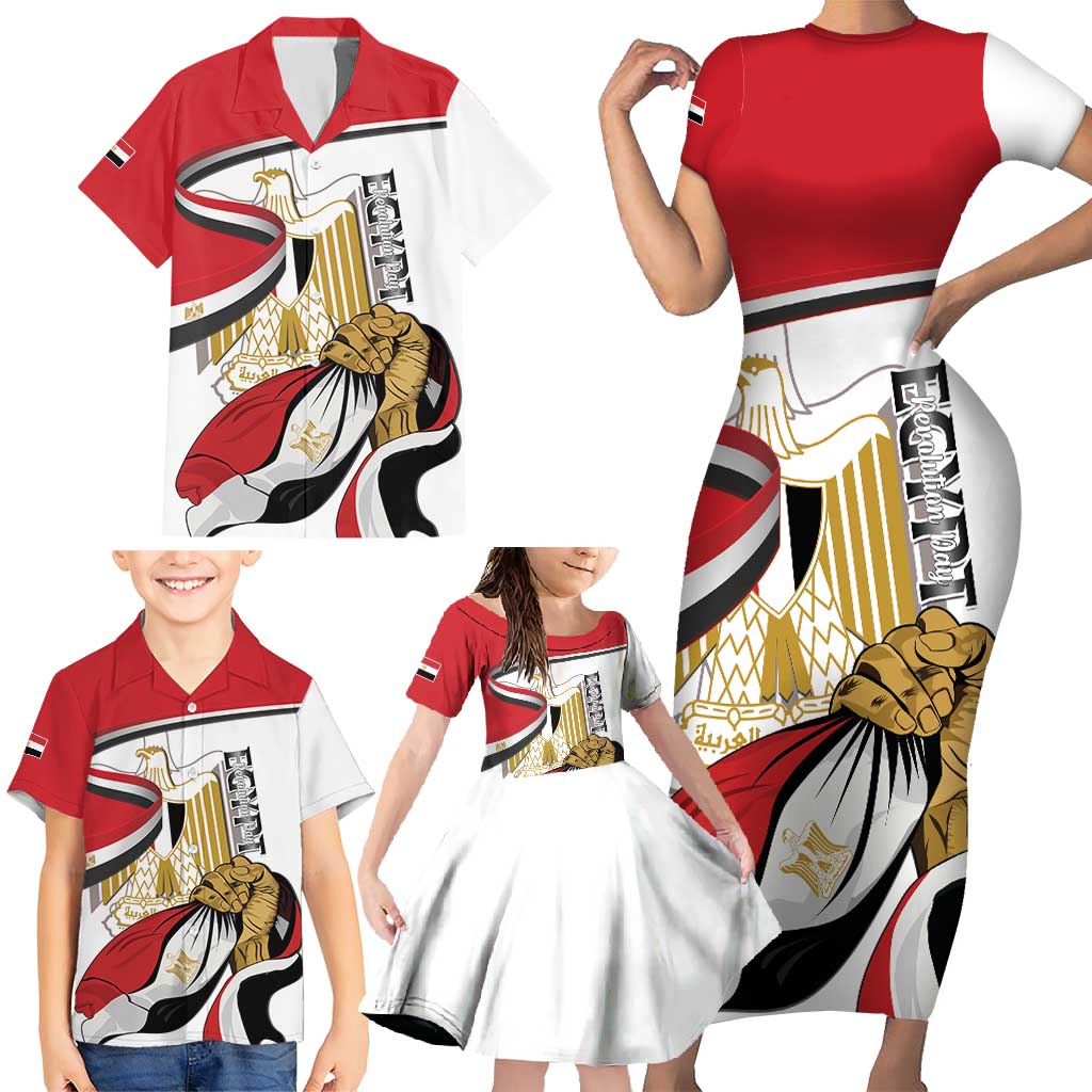 Personalized Egypt Revolution Day Family Matching Short Sleeve Bodycon Dress and Hawaiian Shirt Coat Of Arms With Flag