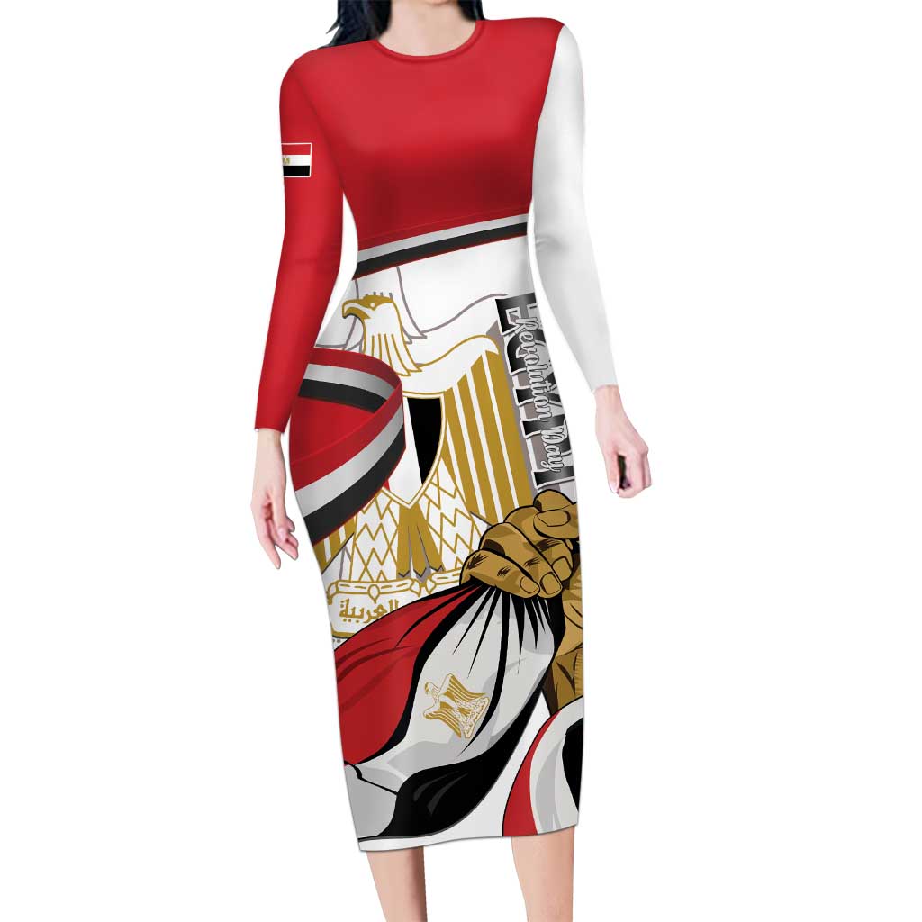 Personalized Egypt Revolution Day Long Sleeve Bodycon Dress Coat Of Arms With Flag