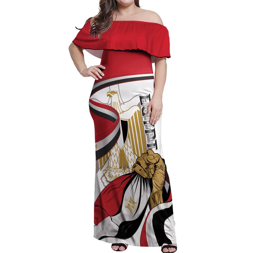Personalized Egypt Revolution Day Off Shoulder Maxi Dress Coat Of Arms With Flag