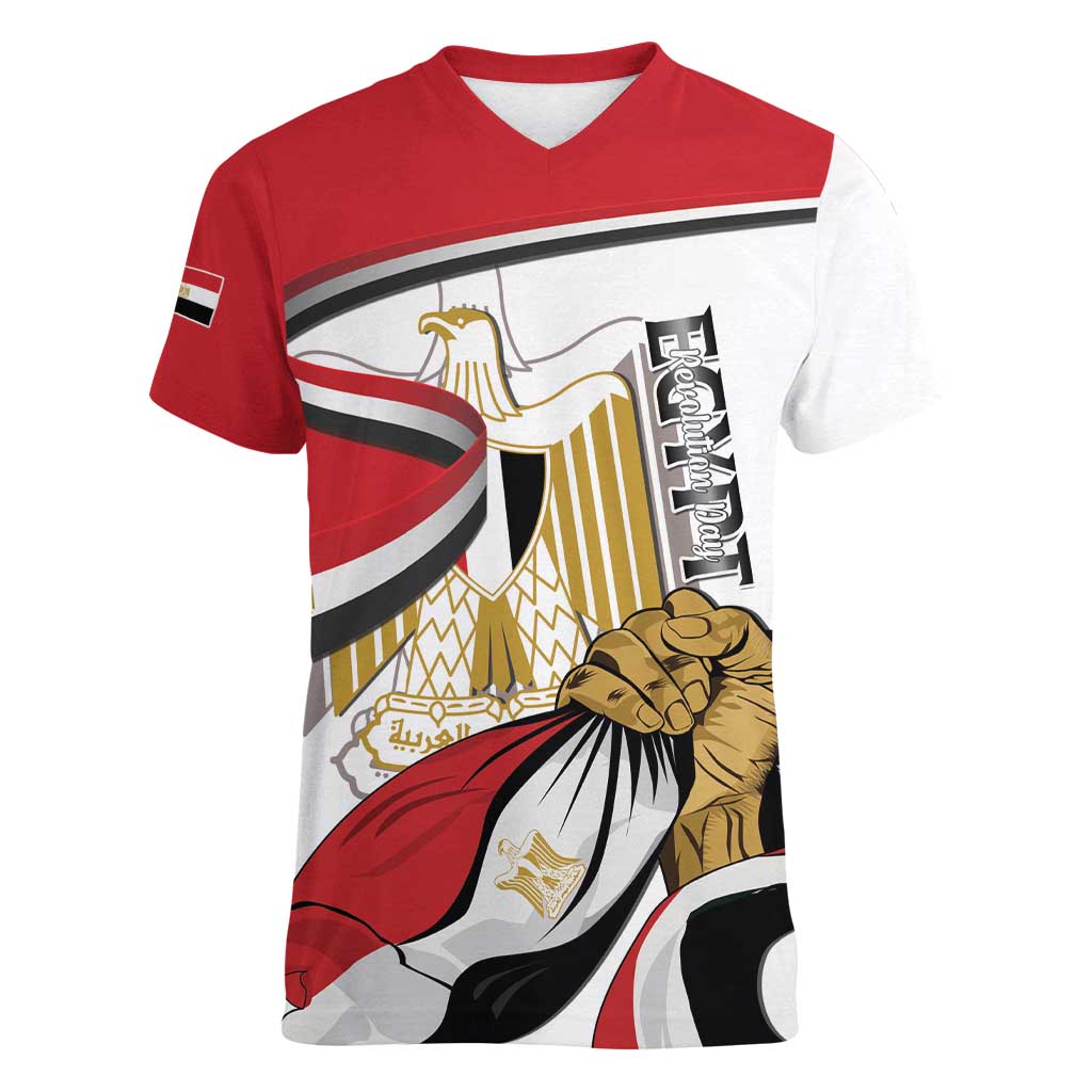 Personalized Egypt Revolution Day Women V-Neck T-Shirt Coat Of Arms With Flag