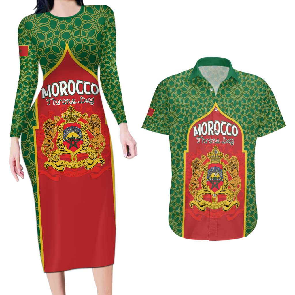 Personalized Morocco Throne Day Couples Matching Long Sleeve Bodycon Dress and Hawaiian Shirt King Lion Coat Of Arms