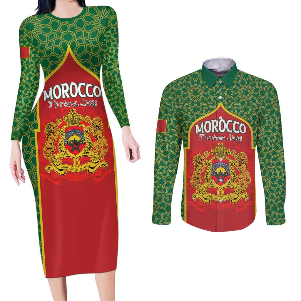 Personalized Morocco Throne Day Couples Matching Long Sleeve Bodycon Dress and Long Sleeve Button Shirt King Lion Coat Of Arms