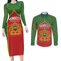 Personalized Morocco Throne Day Couples Matching Long Sleeve Bodycon Dress and Long Sleeve Button Shirt King Lion Coat Of Arms