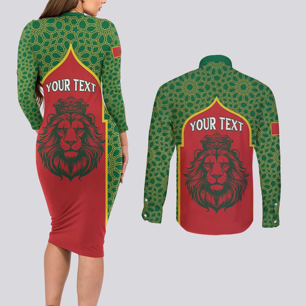 Personalized Morocco Throne Day Couples Matching Long Sleeve Bodycon Dress and Long Sleeve Button Shirt King Lion Coat Of Arms