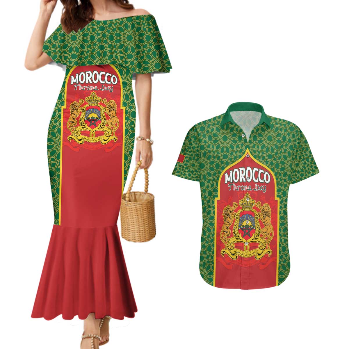 Personalized Morocco Throne Day Couples Matching Mermaid Dress and Hawaiian Shirt King Lion Coat Of Arms