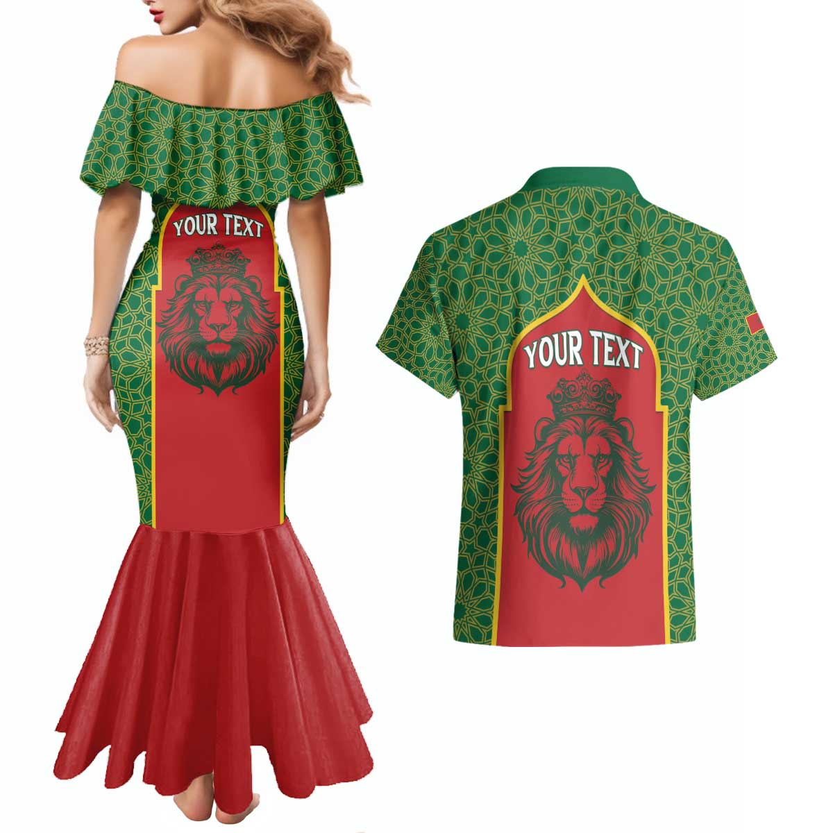 Personalized Morocco Throne Day Couples Matching Mermaid Dress and Hawaiian Shirt King Lion Coat Of Arms