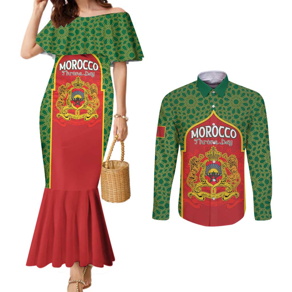 Personalized Morocco Throne Day Couples Matching Mermaid Dress and Long Sleeve Button Shirt King Lion Coat Of Arms