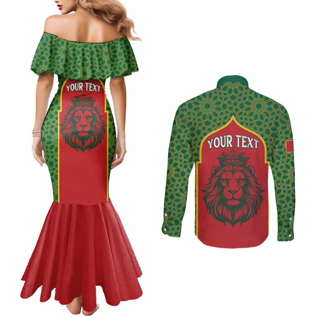 Personalized Morocco Throne Day Couples Matching Mermaid Dress and Long Sleeve Button Shirt King Lion Coat Of Arms