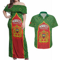 Personalized Morocco Throne Day Couples Matching Off Shoulder Maxi Dress and Hawaiian Shirt King Lion Coat Of Arms