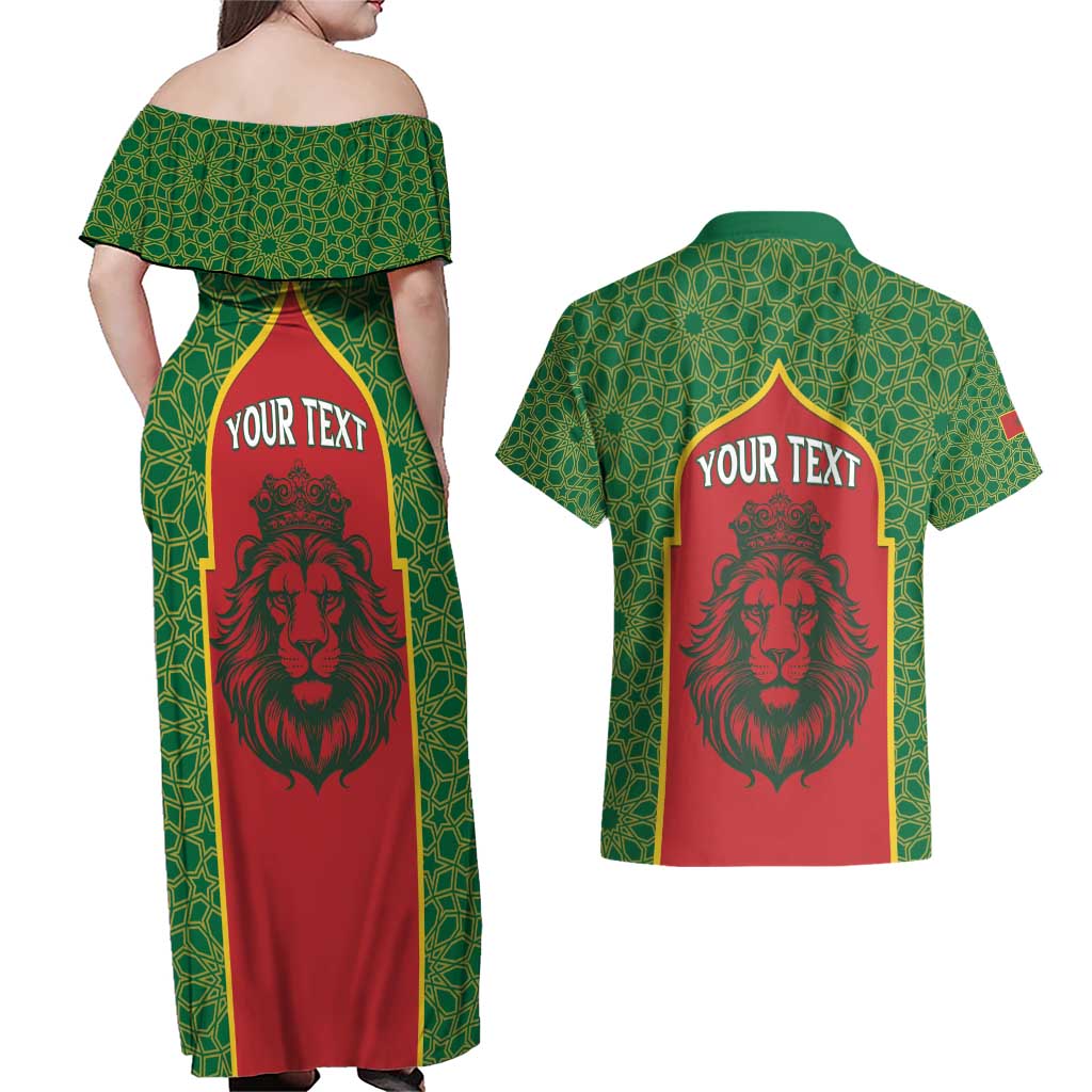 Personalized Morocco Throne Day Couples Matching Off Shoulder Maxi Dress and Hawaiian Shirt King Lion Coat Of Arms