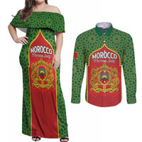 Personalized Morocco Throne Day Couples Matching Off Shoulder Maxi Dress and Long Sleeve Button Shirt King Lion Coat Of Arms