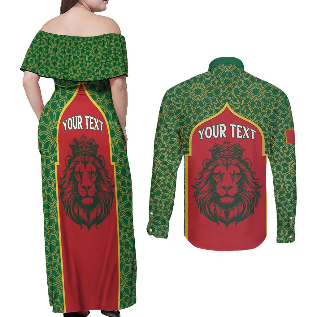 Personalized Morocco Throne Day Couples Matching Off Shoulder Maxi Dress and Long Sleeve Button Shirt King Lion Coat Of Arms