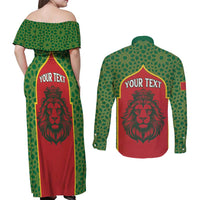 Personalized Morocco Throne Day Couples Matching Off Shoulder Maxi Dress and Long Sleeve Button Shirt King Lion Coat Of Arms