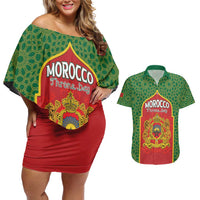 Personalized Morocco Throne Day Couples Matching Off Shoulder Short Dress and Hawaiian Shirt King Lion Coat Of Arms