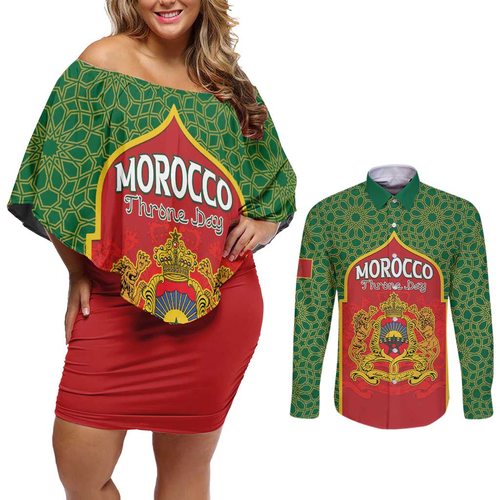 Personalized Morocco Throne Day Couples Matching Off Shoulder Short Dress and Long Sleeve Button Shirt King Lion Coat Of Arms