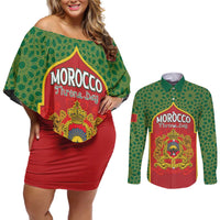 Personalized Morocco Throne Day Couples Matching Off Shoulder Short Dress and Long Sleeve Button Shirt King Lion Coat Of Arms