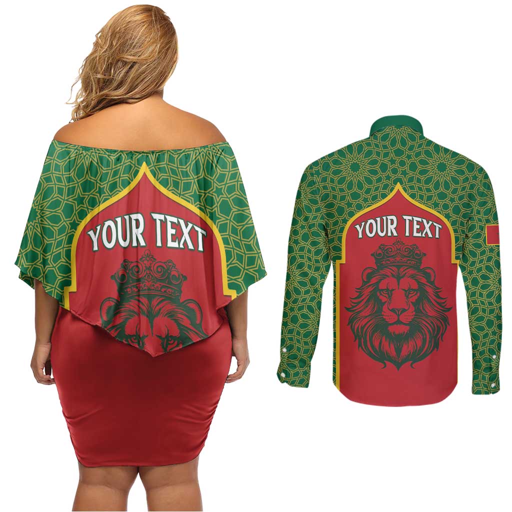 Personalized Morocco Throne Day Couples Matching Off Shoulder Short Dress and Long Sleeve Button Shirt King Lion Coat Of Arms