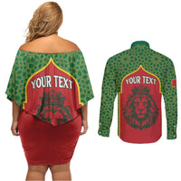 Personalized Morocco Throne Day Couples Matching Off Shoulder Short Dress and Long Sleeve Button Shirt King Lion Coat Of Arms