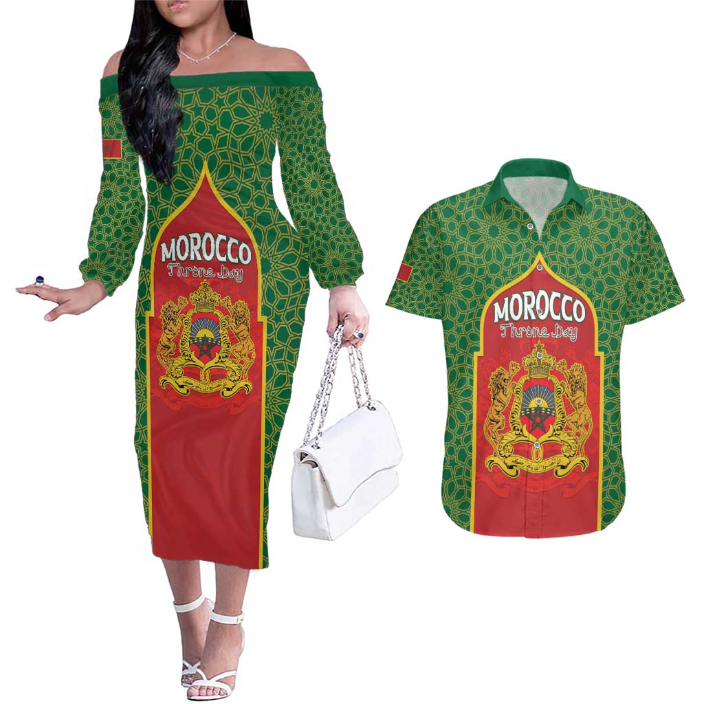Personalized Morocco Throne Day Couples Matching Off The Shoulder Long Sleeve Dress and Hawaiian Shirt King Lion Coat Of Arms