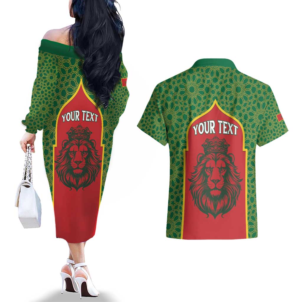 Personalized Morocco Throne Day Couples Matching Off The Shoulder Long Sleeve Dress and Hawaiian Shirt King Lion Coat Of Arms