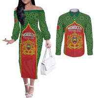 Personalized Morocco Throne Day Couples Matching Off The Shoulder Long Sleeve Dress and Long Sleeve Button Shirt King Lion Coat Of Arms