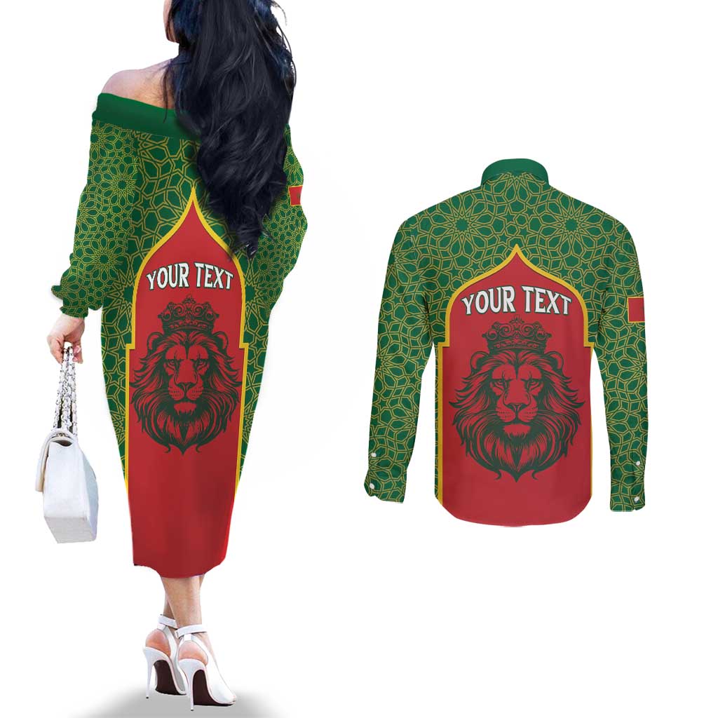 Personalized Morocco Throne Day Couples Matching Off The Shoulder Long Sleeve Dress and Long Sleeve Button Shirt King Lion Coat Of Arms